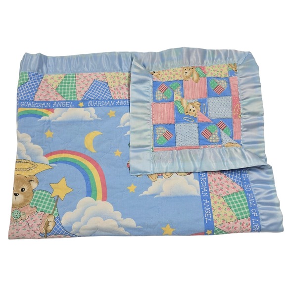 Handmade Guardian Angel Teddy Bear Quilted Baby Blanket Blue Rainbow Moon Star